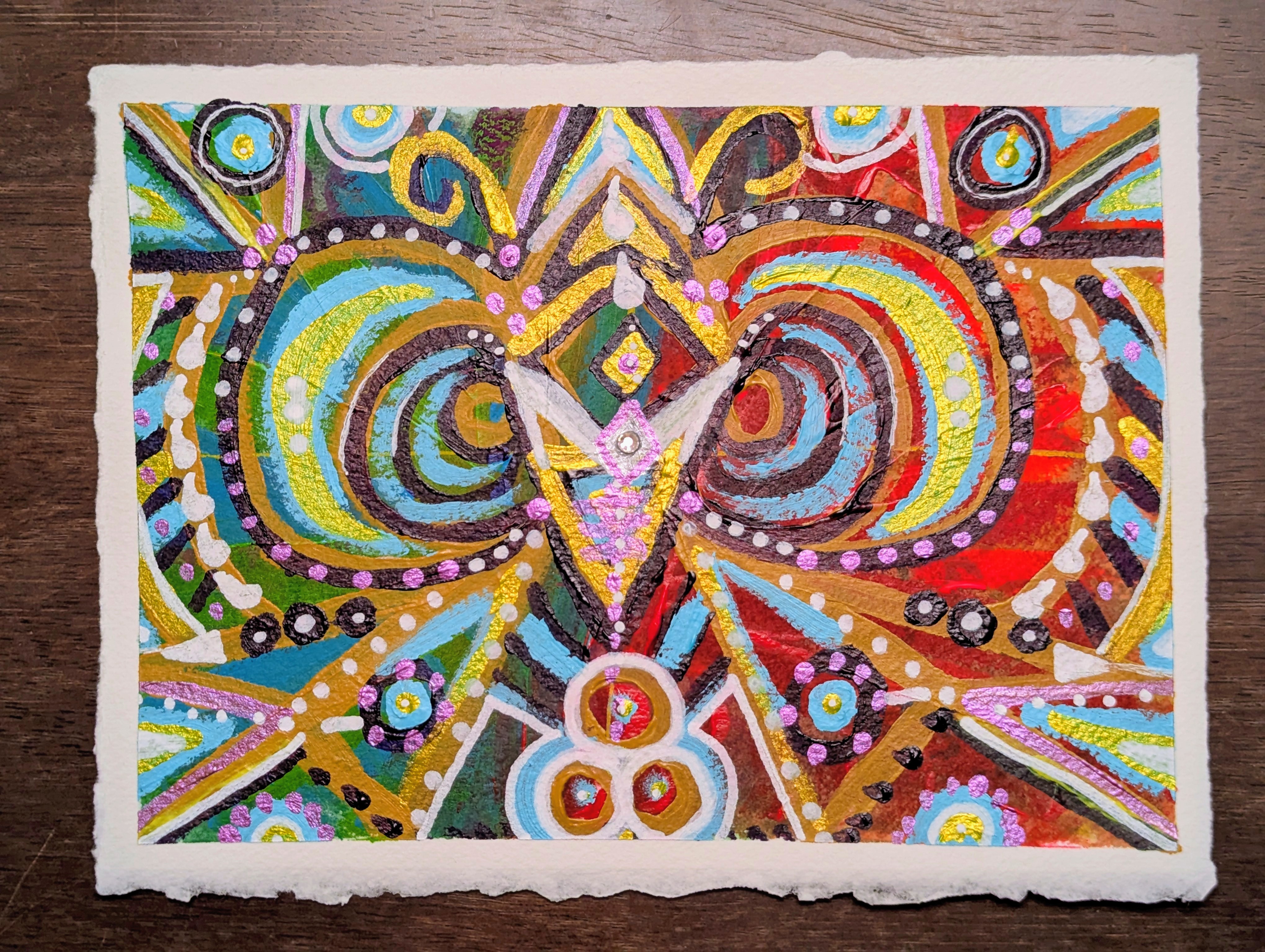 Robin’s original painting, alive with turquoise and gold spirals, magenta marks, and layers of color