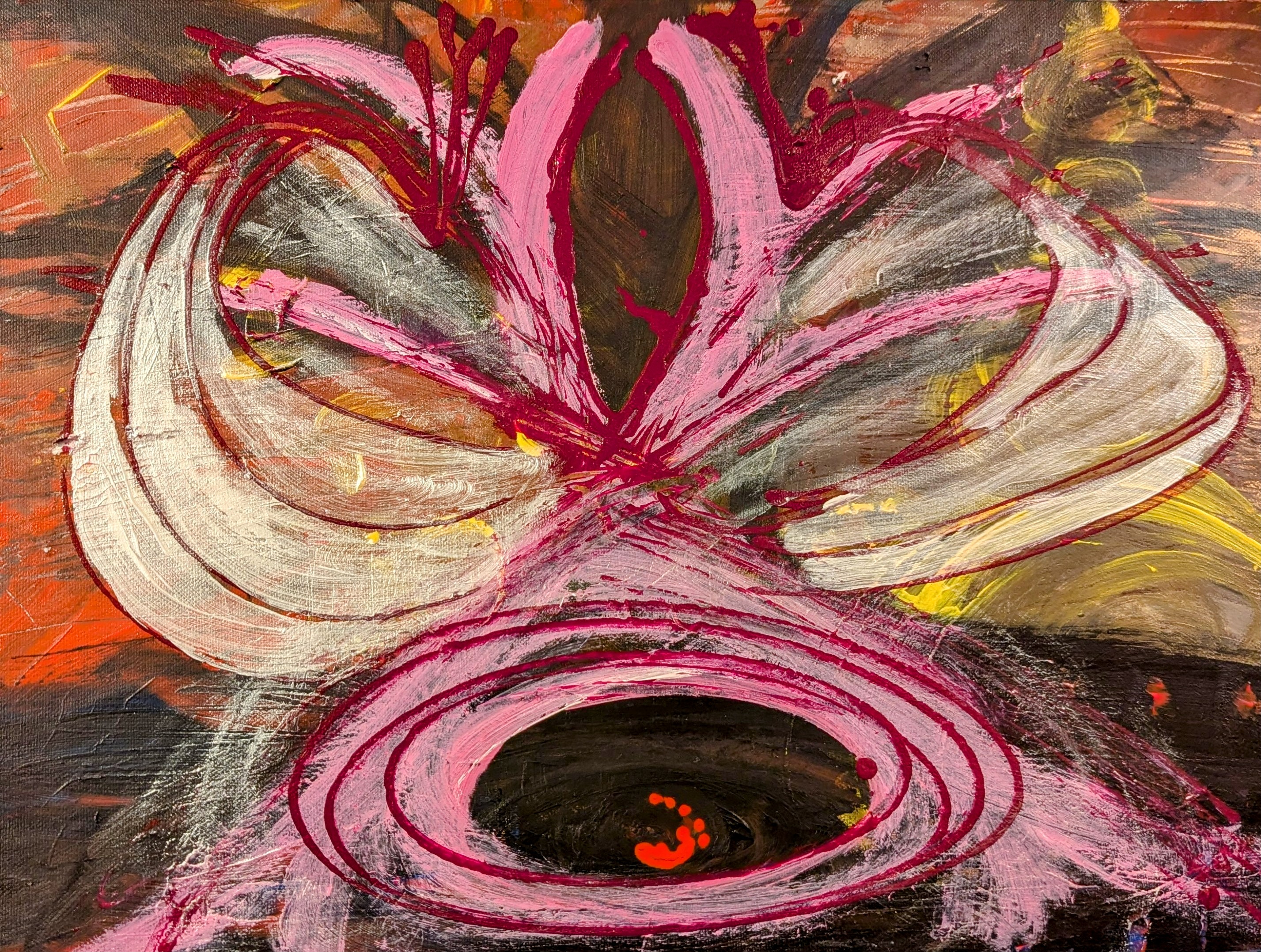Pink and white forms emerge over earlier marks, with traces of yellow lettering still visible