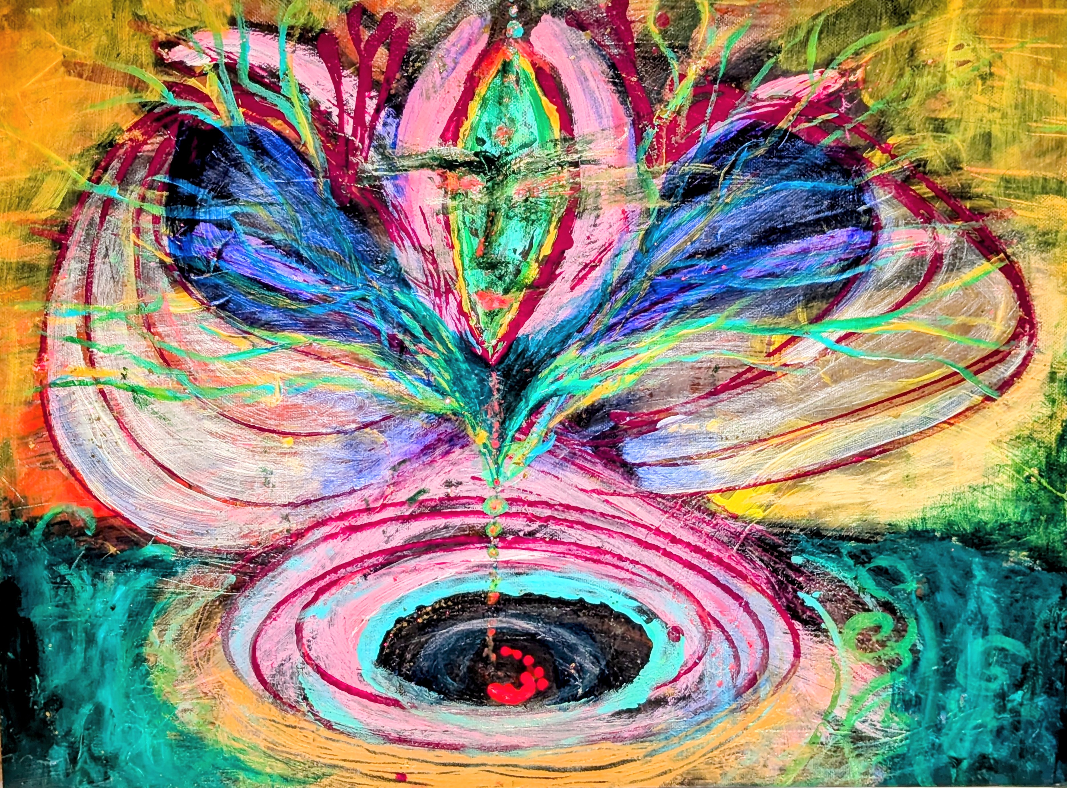 Verdalisse: a green figure emerges within pink, blue, gold, and turquoise layers above an open painted portal