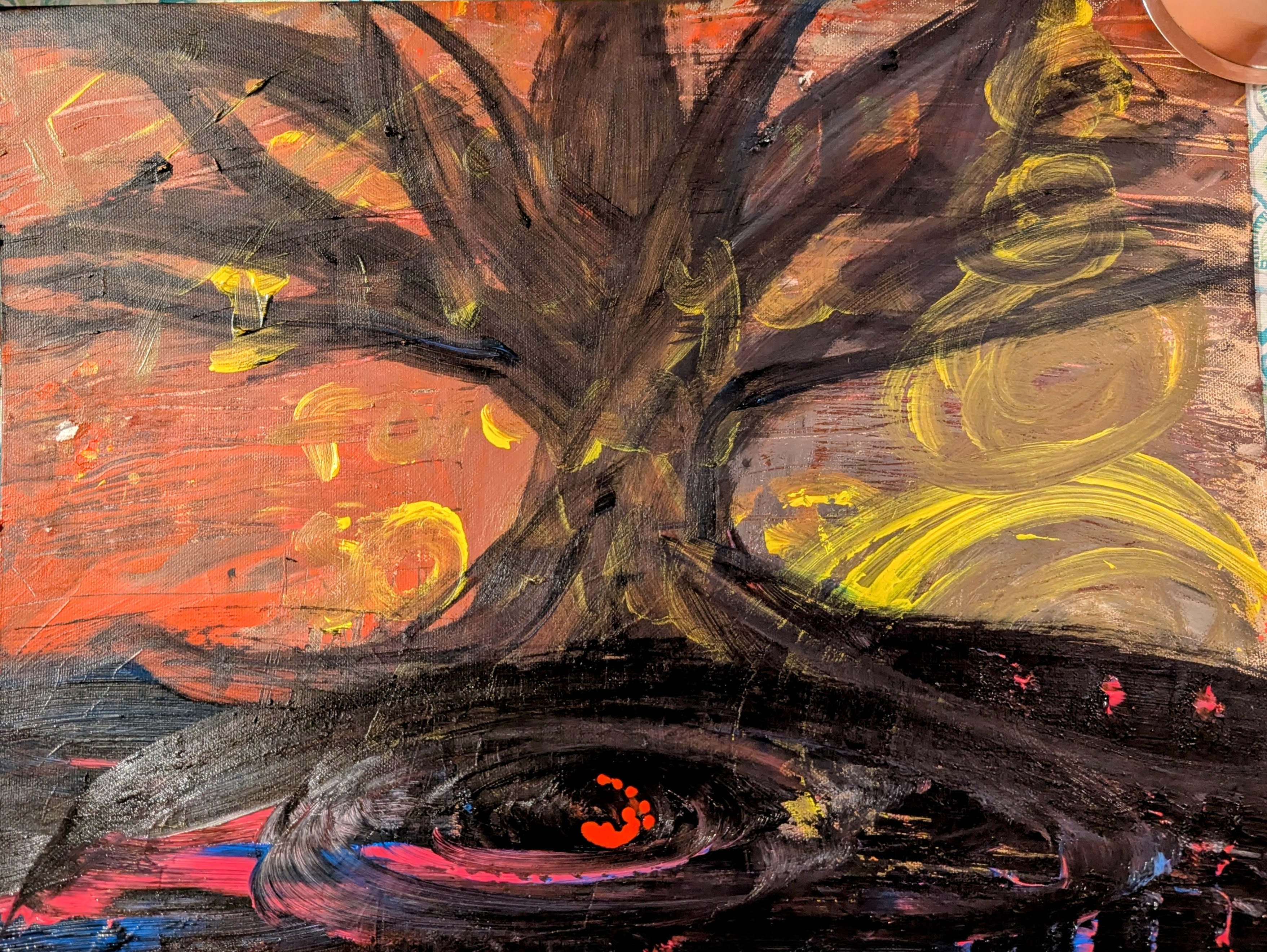 Dark branching forms cross orange underpainting and partially obscured yellow words